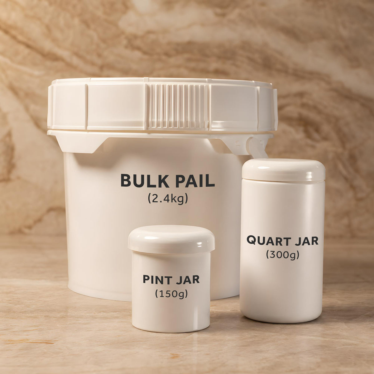 Three white containers labeled Bulk Pail (2.4kg), Quart Jar (300g), and Pint Jar (150g) for food coloring powder.