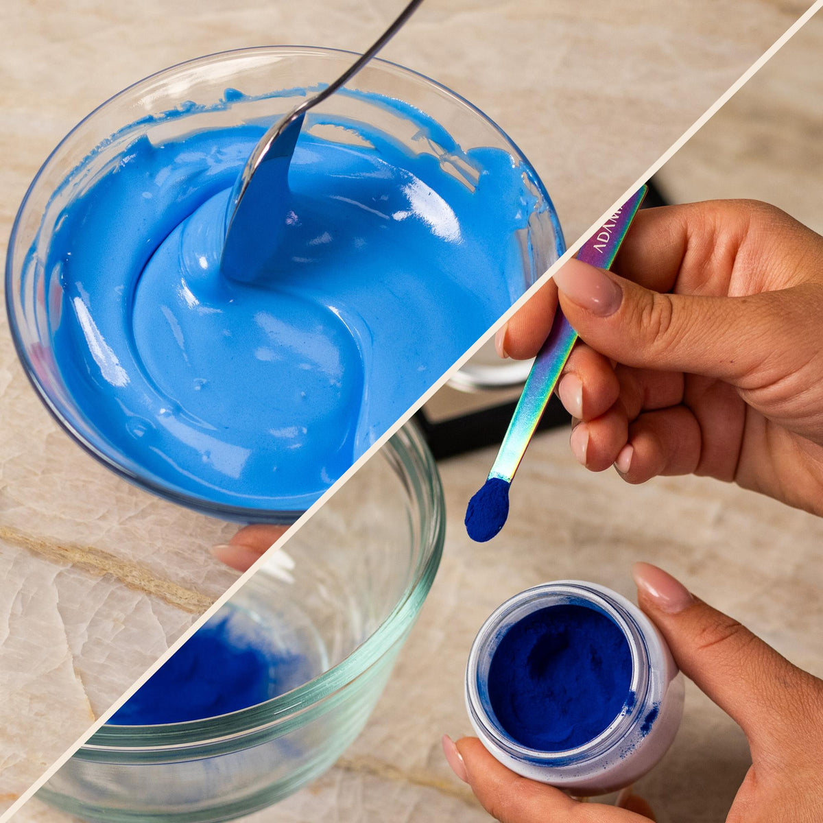 Blue natural food coloring powder sample showing powder and finished frosting result.
