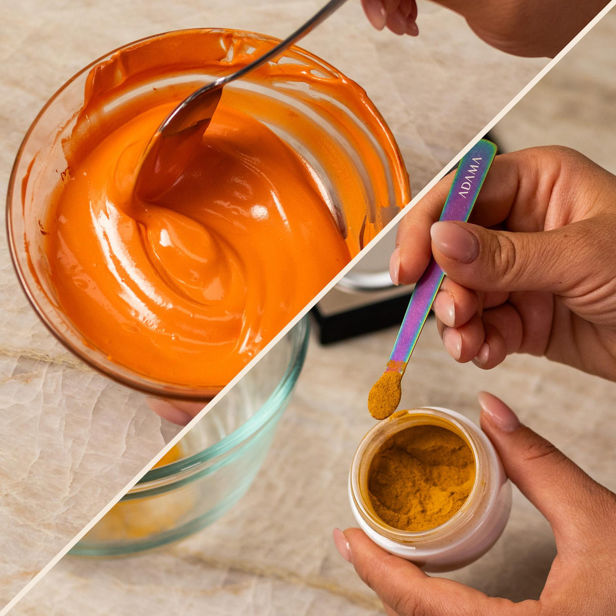 Orange natural food coloring powder sample showing powder and finished frosting result.