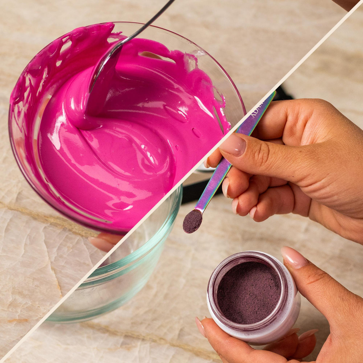 Pink natural food coloring powder sample showing powder and finished frosting result.