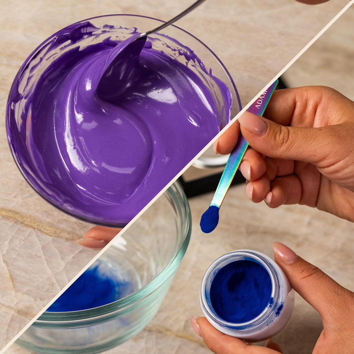 Purple natural food coloring powder sample showing powder and finished frosting result.