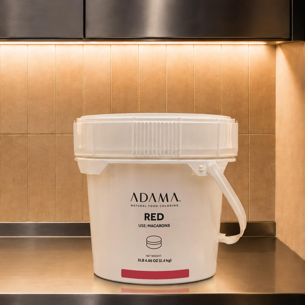Red natural food coloring powder for Macarons in 2.4 kg bulk pail.