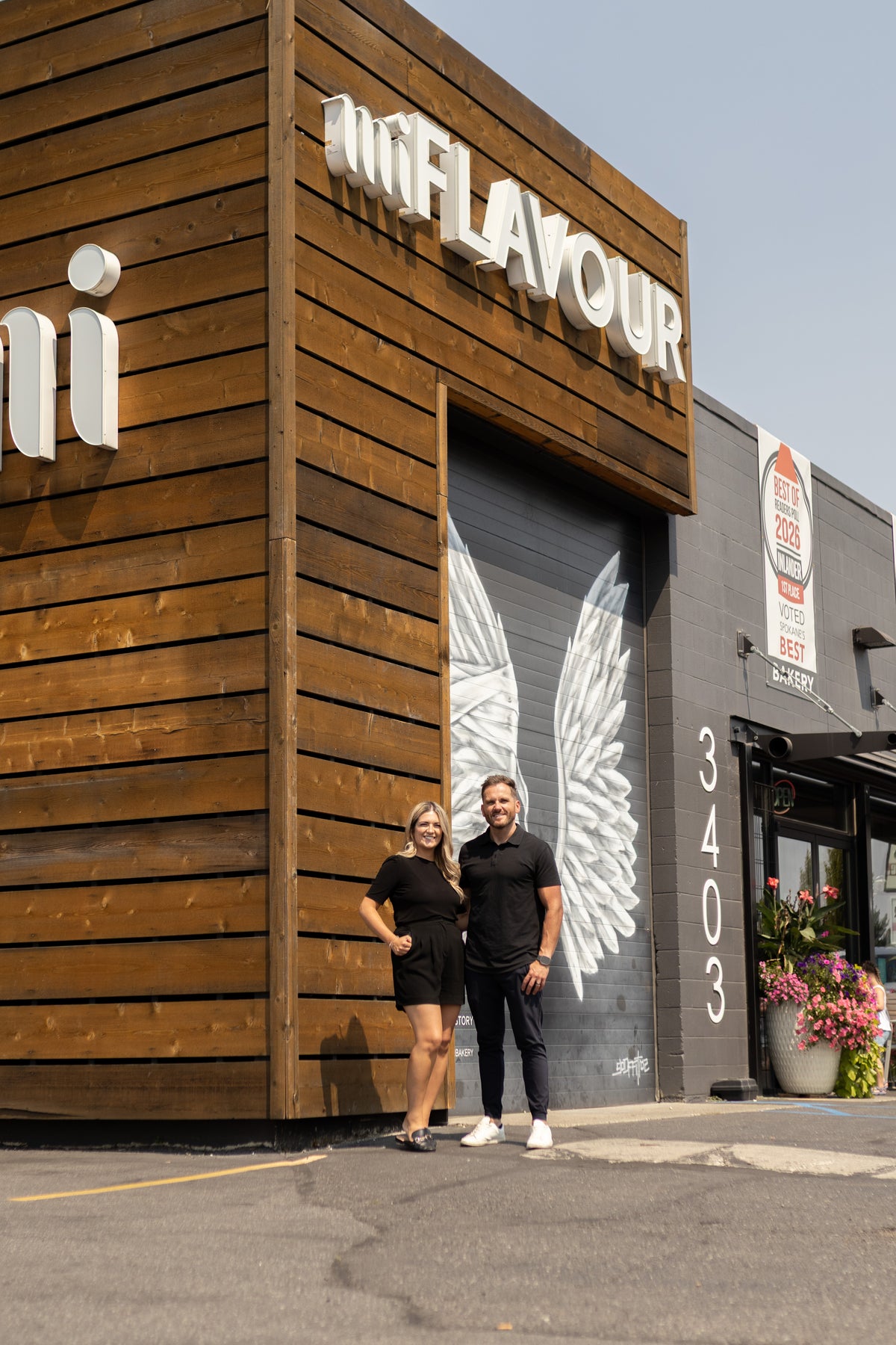 ADAMA co-founders Ella and Max outside miFLAVOUR Bakery in Spokane, Washington