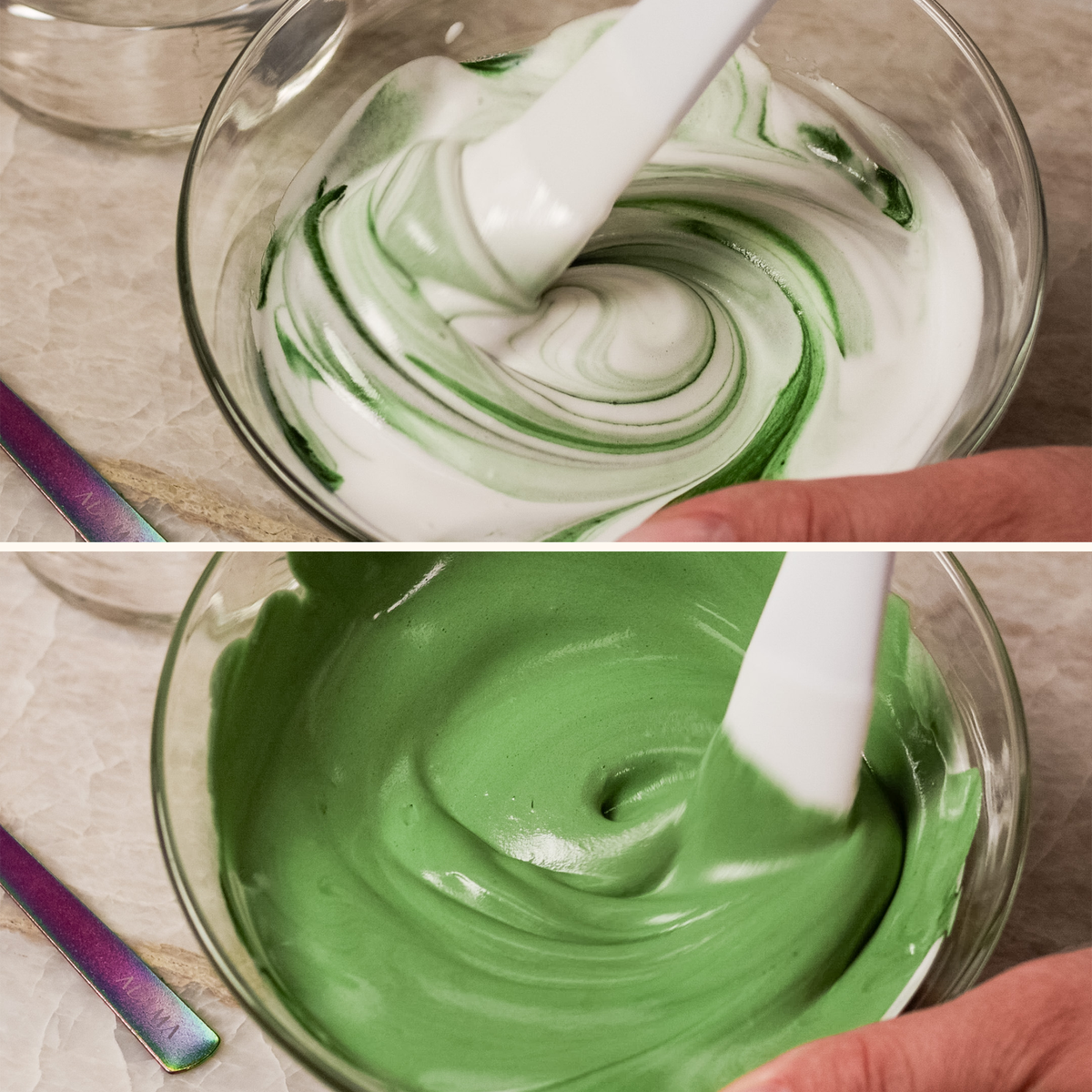 Frosting changing to green while mixing with ADAMA natural food coloring powder.