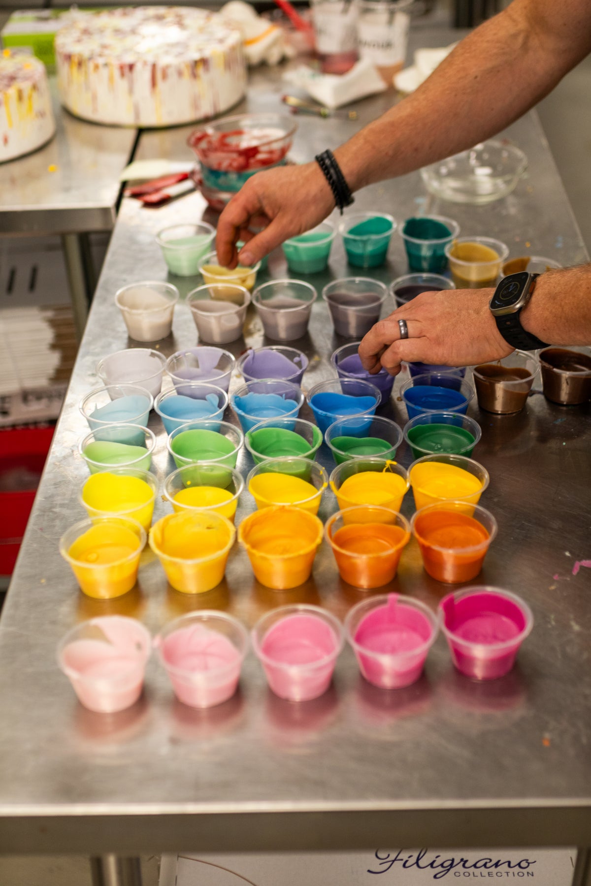 Color samples prepared with ADAMA natural food coloring for shade and intensity testing.