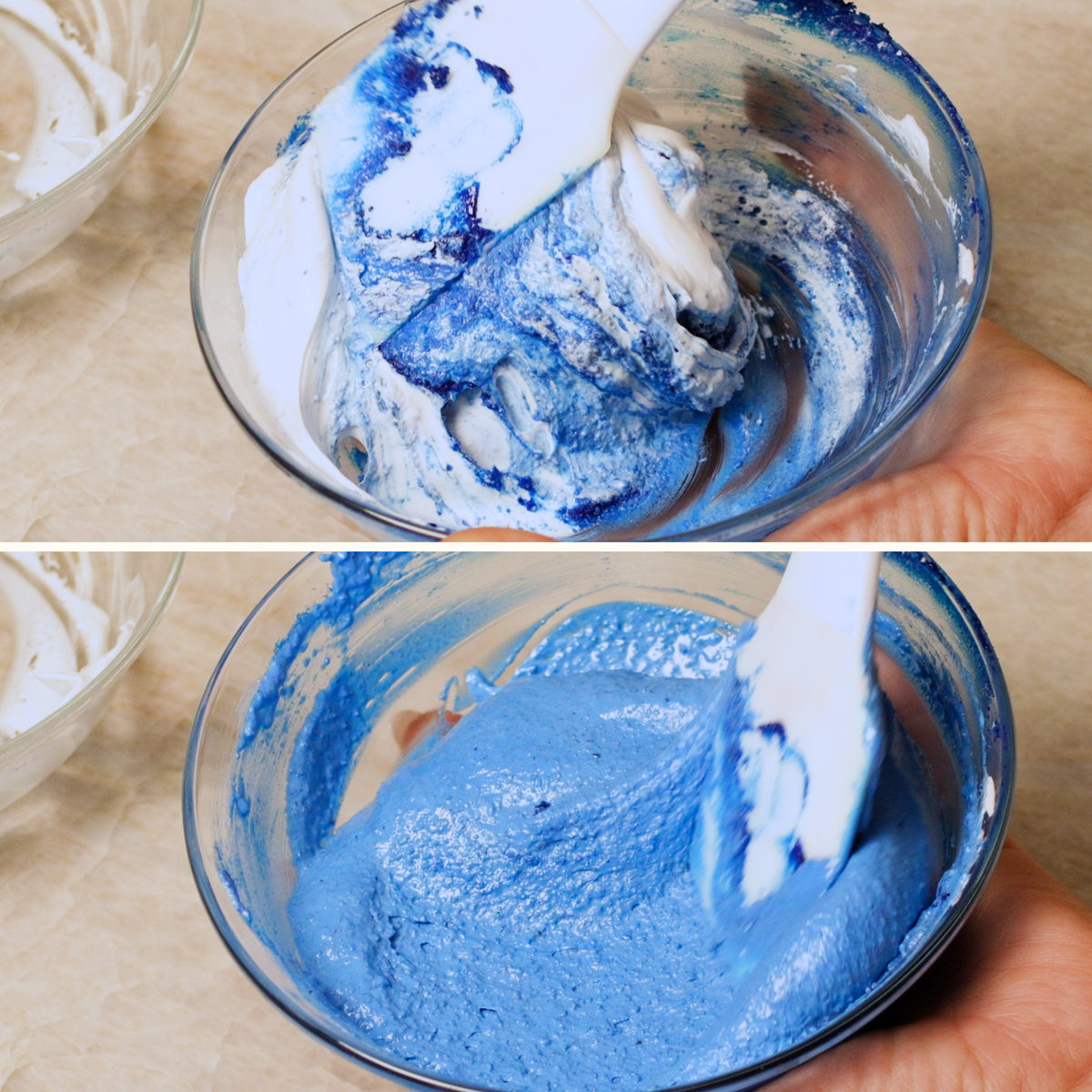 Blue macaron batter being mixed with ADAMA blue natural food coloring and white meringue.