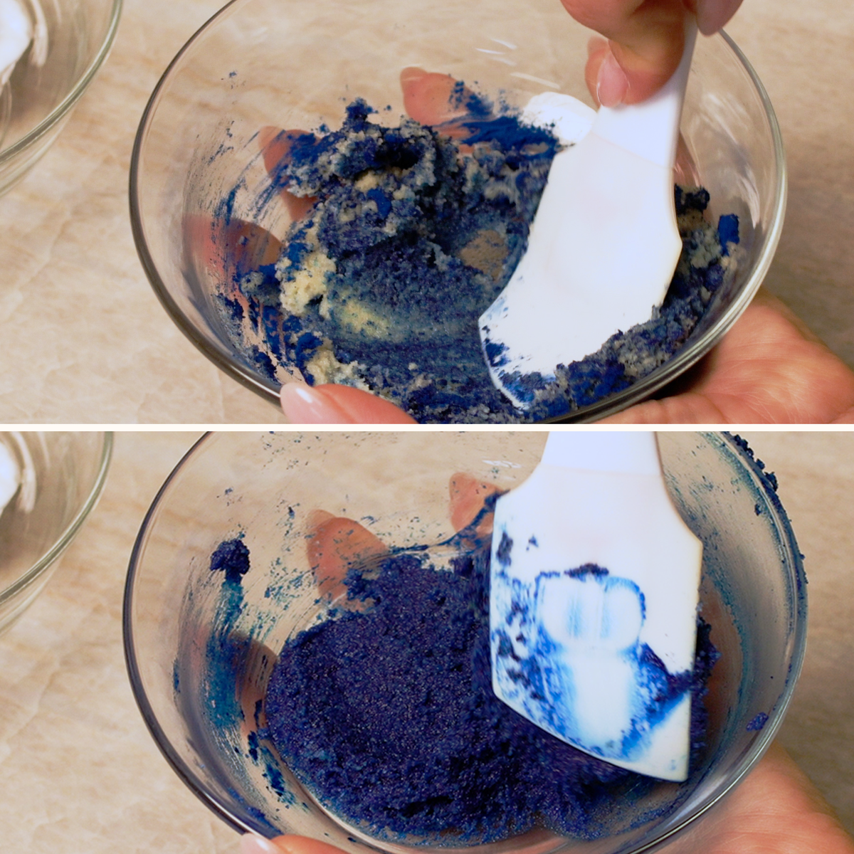 Macaron batter being mixed with ADAMA blue natural food coloring.
