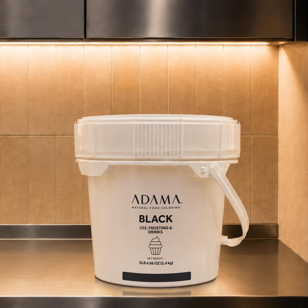Black natural food coloring powder for Frostings & Drinks in 2.4 kg bulk pail.
