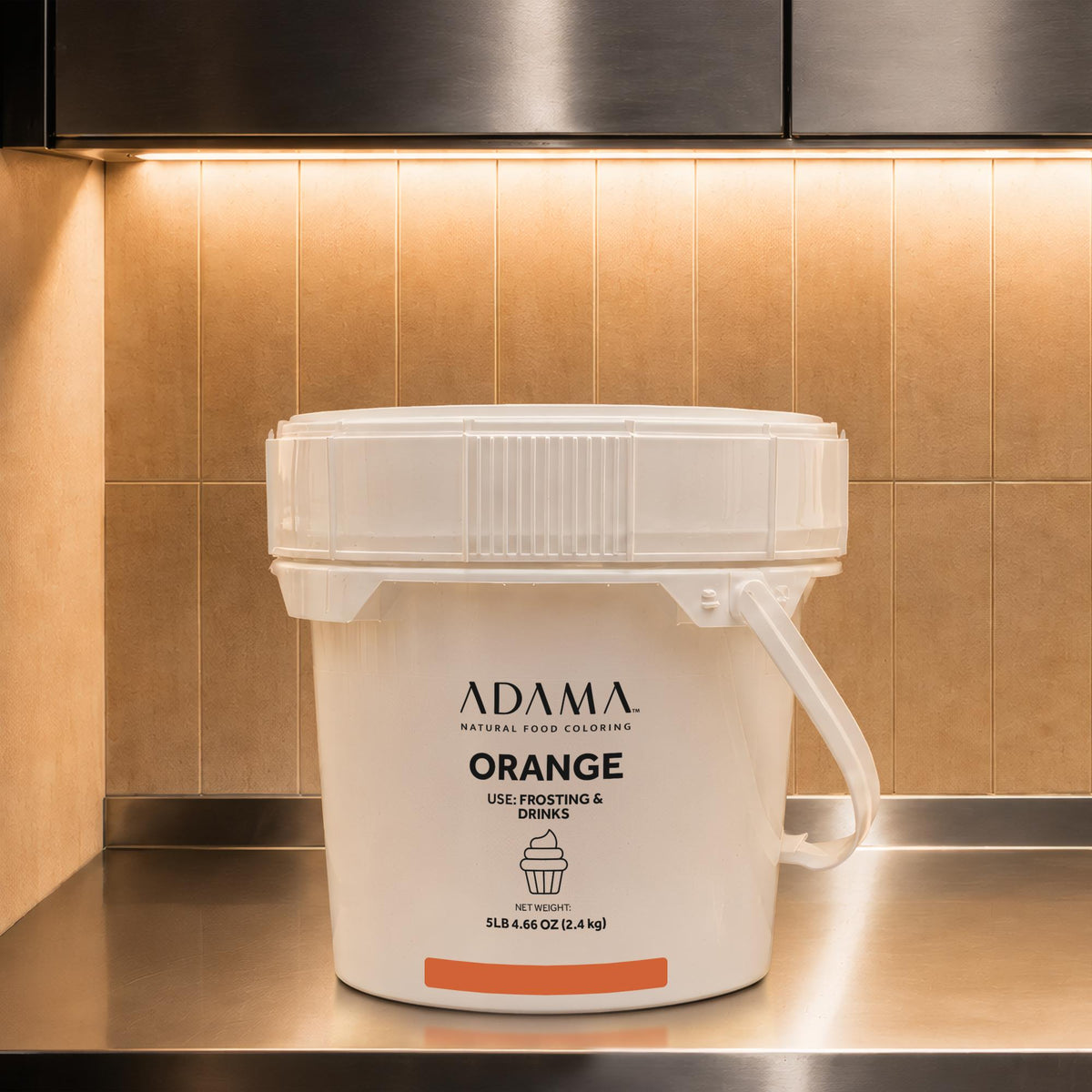 Orange natural food coloring powder for Frostings & Drinks in 2.4 kg bulk pail.