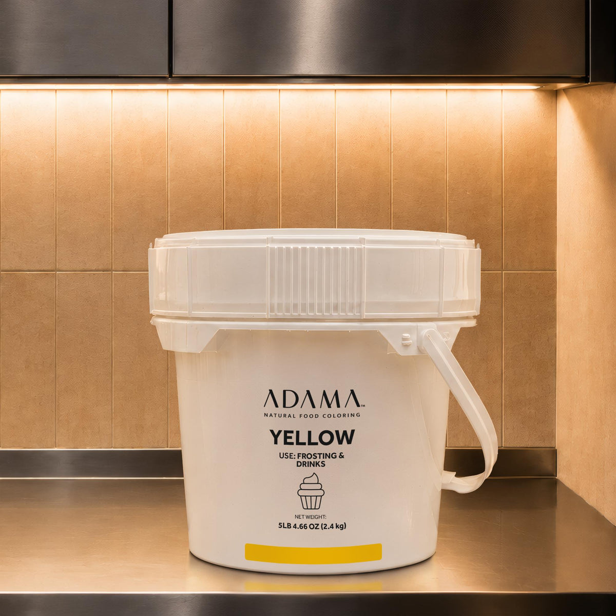 Yellow natural food coloring powder for Frostings & Drinks in 2.4 kg bulk pail.