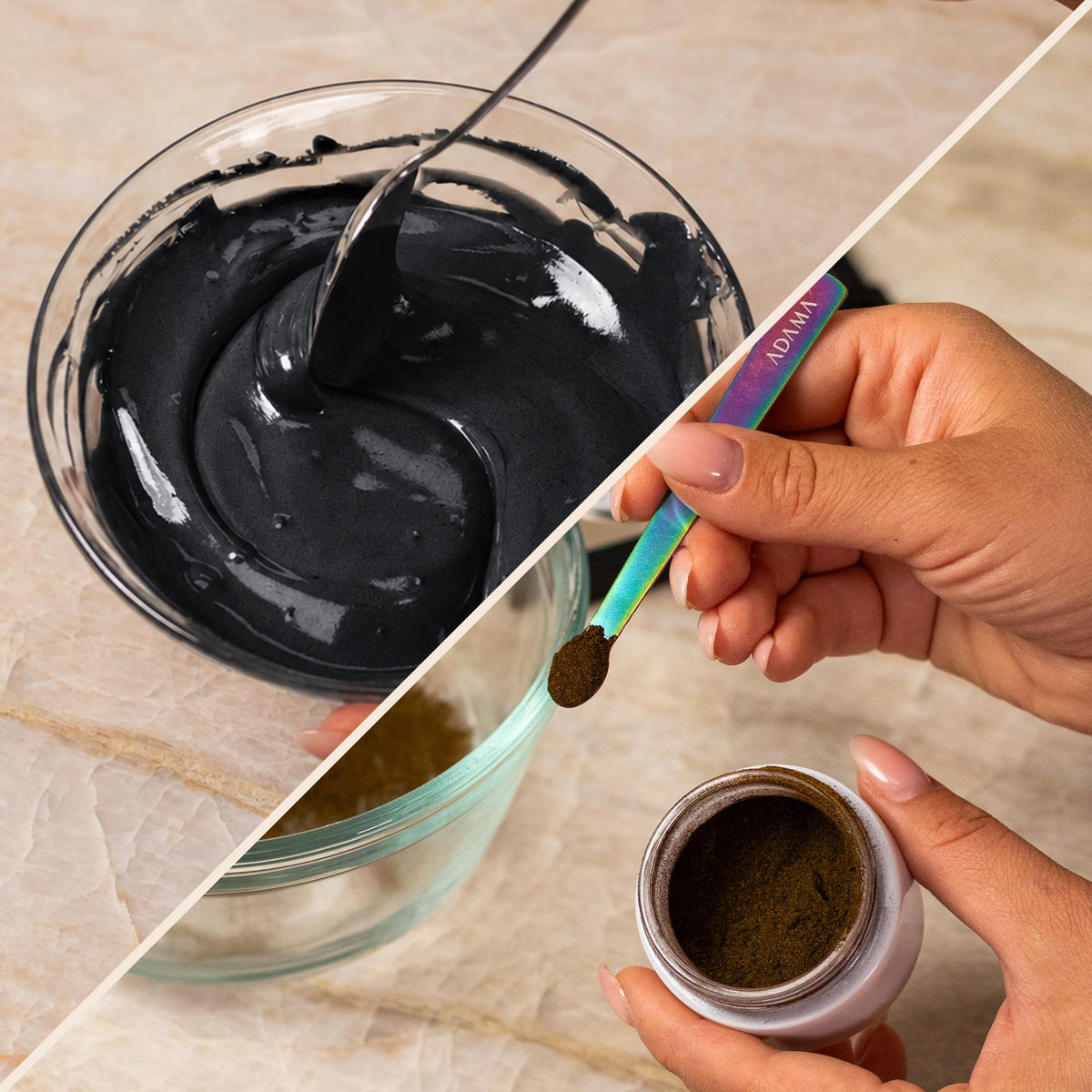 Black natural food coloring powder sample showing powder and finished frosting result.