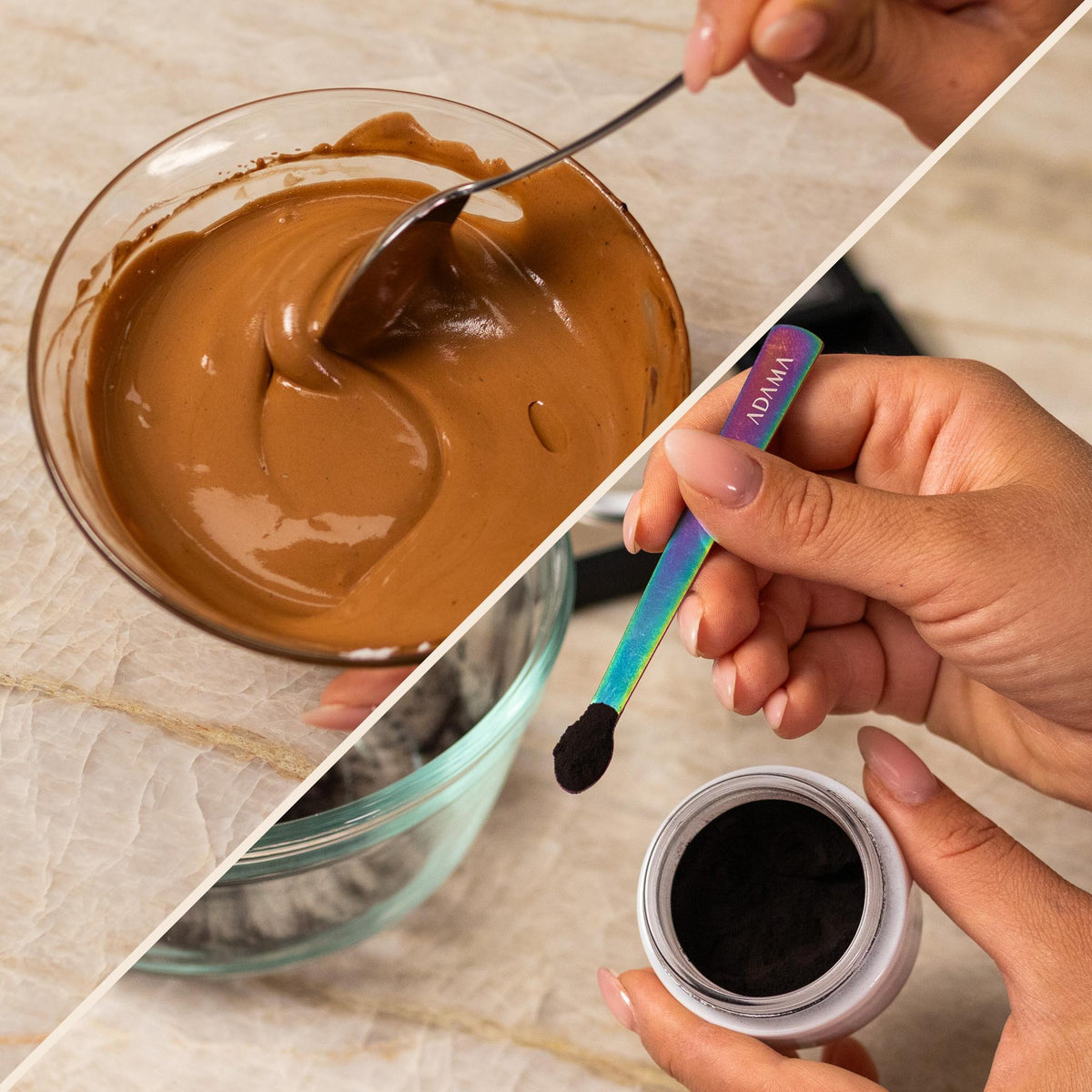 Brown natural food coloring powder sample showing powder and finished frosting result.