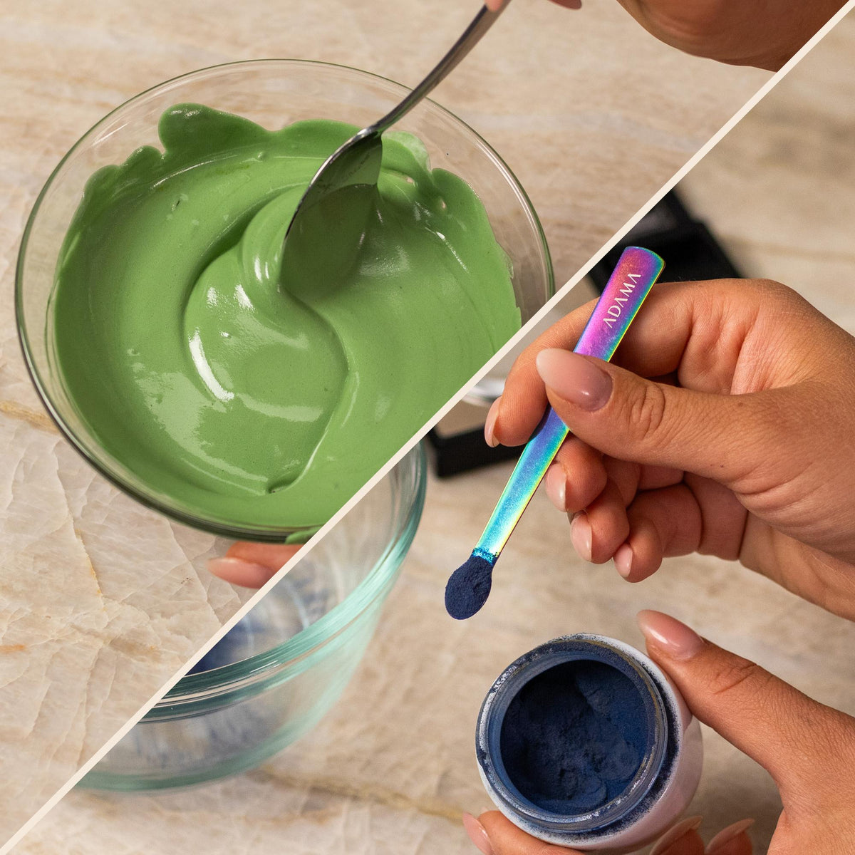 Green natural food coloring powder sample showing powder and finished frosting result.