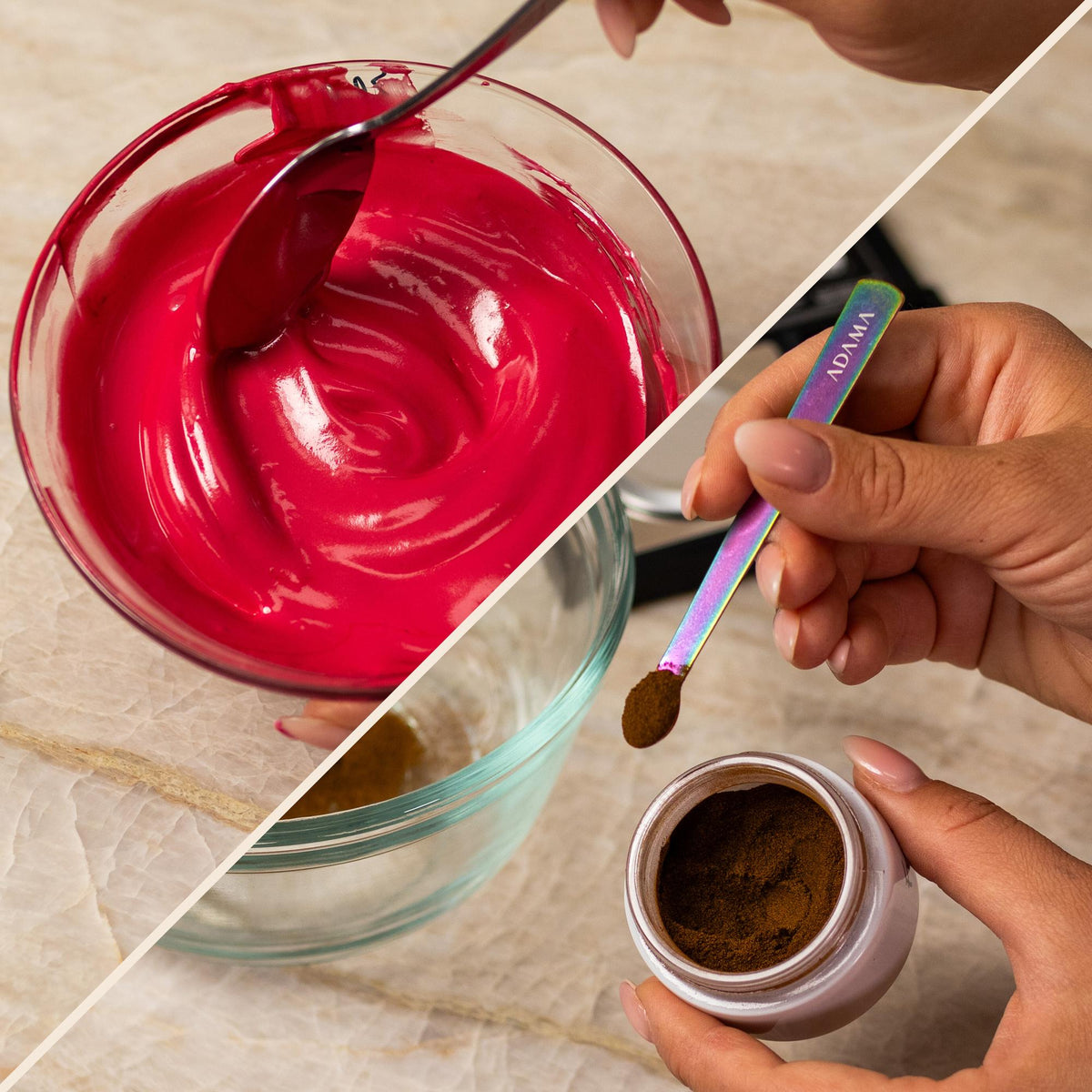 Red natural food coloring powder sample showing powder and finished frosting result.