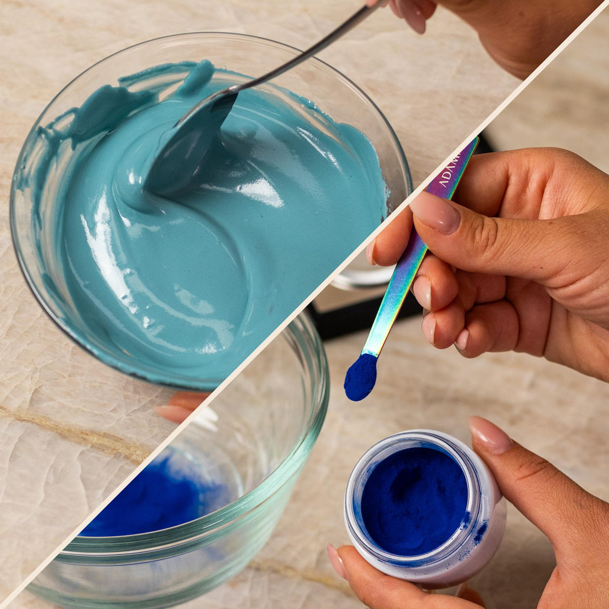 Teal natural food coloring powder sample showing powder and finished frosting result.