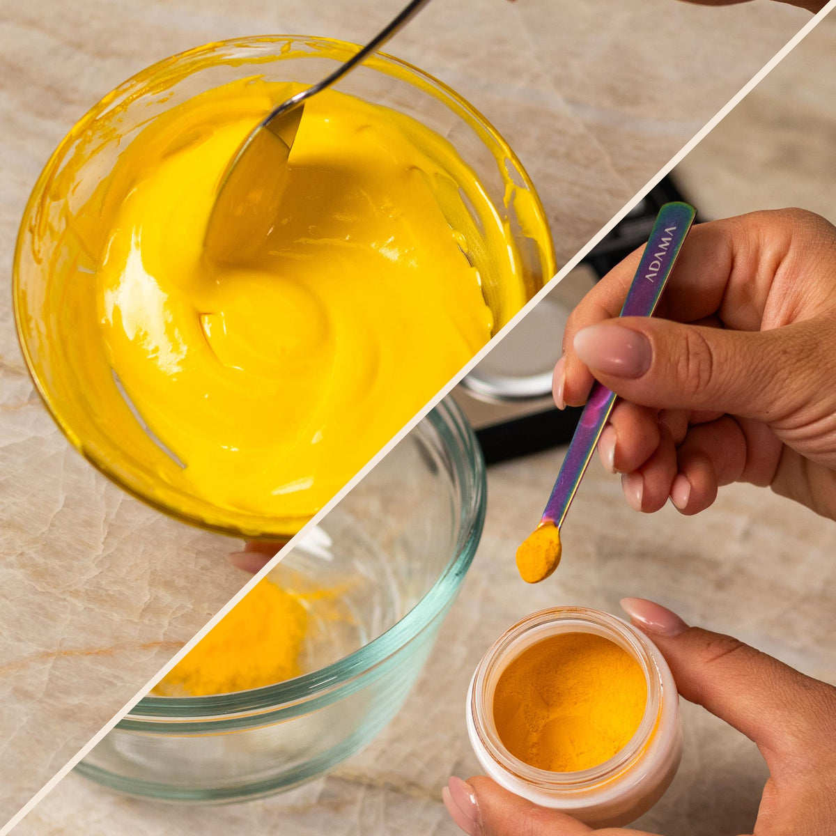 Yellow natural food coloring powder sample showing powder and finished frosting result.