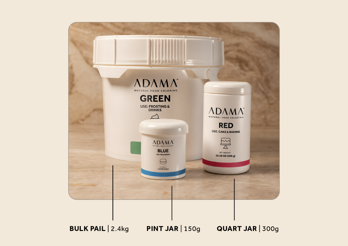 ADAMA professional natural food coloring in 150 g pint jar, 300 g quart jar, and 2.4 kg bulk pail sizes.