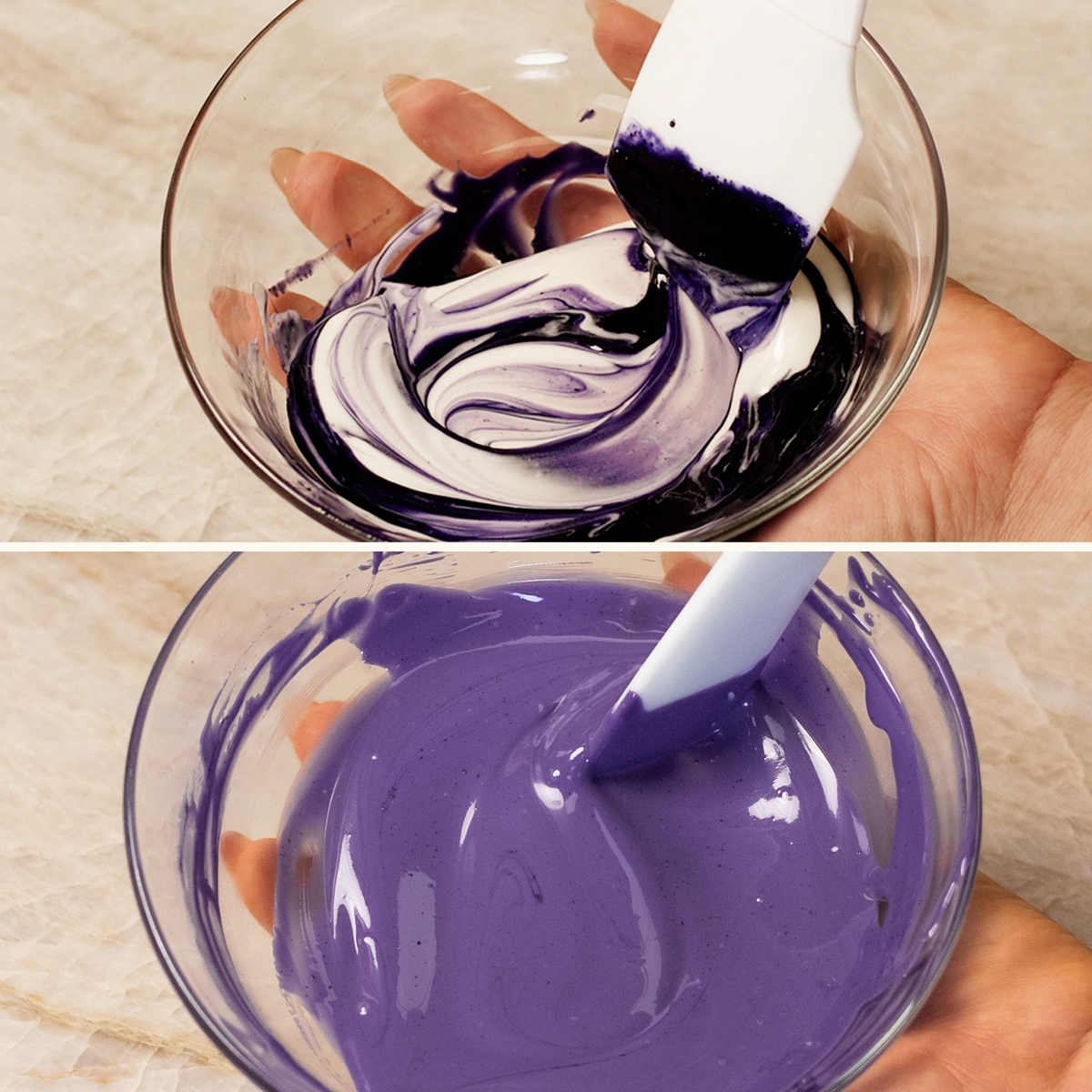 Purple ADAMA natural food coloring powder being mixed into chocolate.
