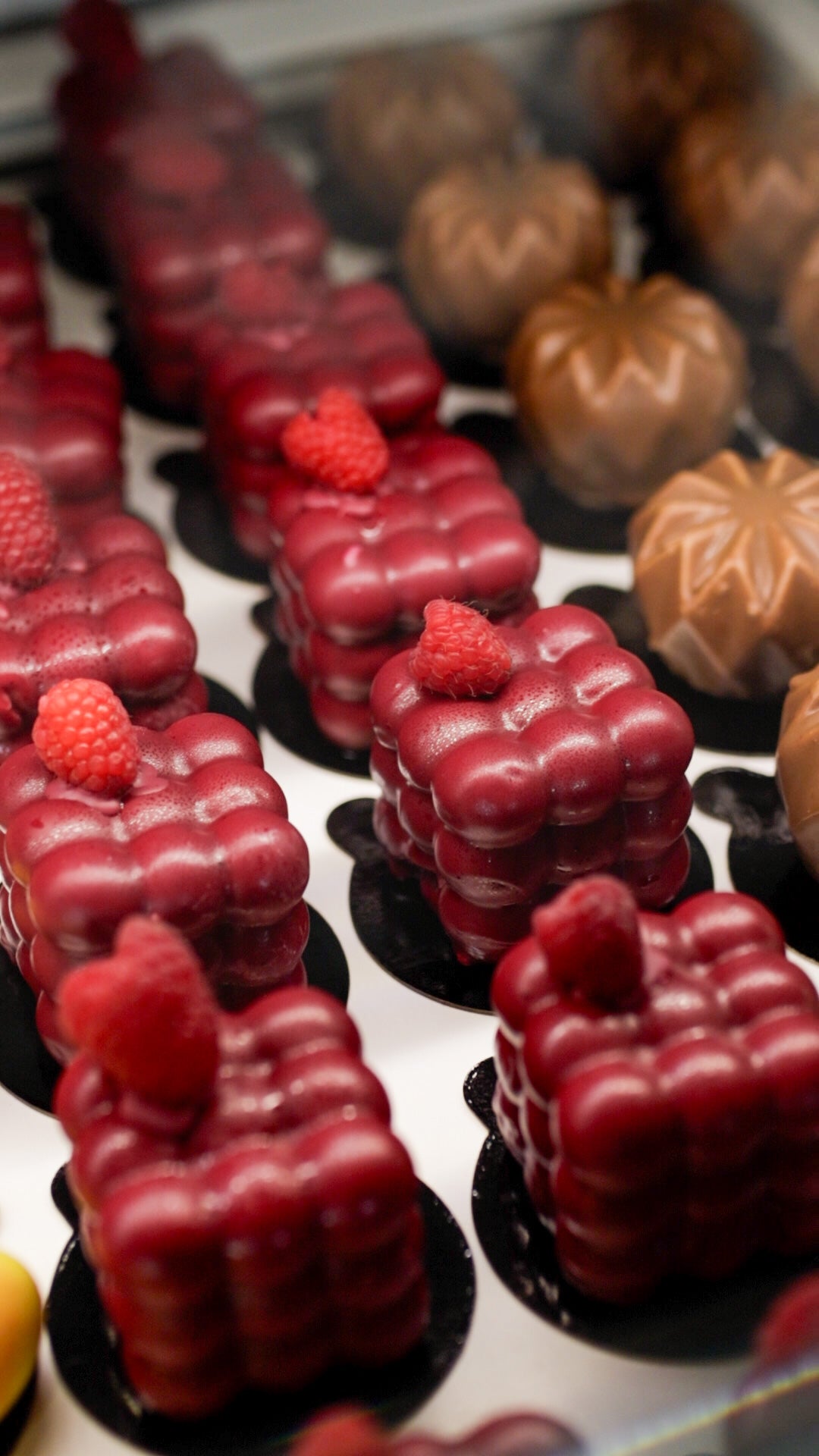 Red and brown mousse cakes made with ADAMA natural food coloring and topped with fresh raspberries.